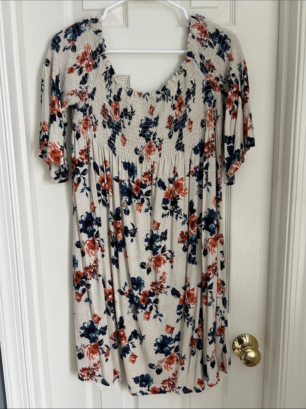 ⚜️ Rewind Beige Midi Dress with Navy & Rust Floral Print
